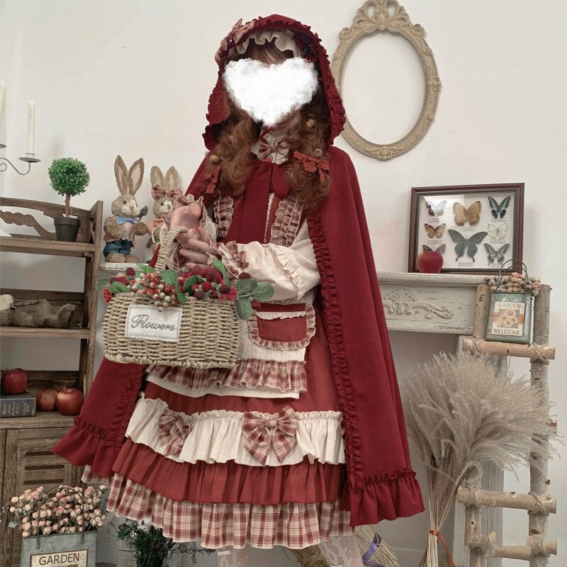 Japanse Harajuku Zoete Lolita Op Jurk Girly Leuke Berry Bos Strik Prinses Jurk Vrouwen Rode Hooded Mantel Tea Party Jurken