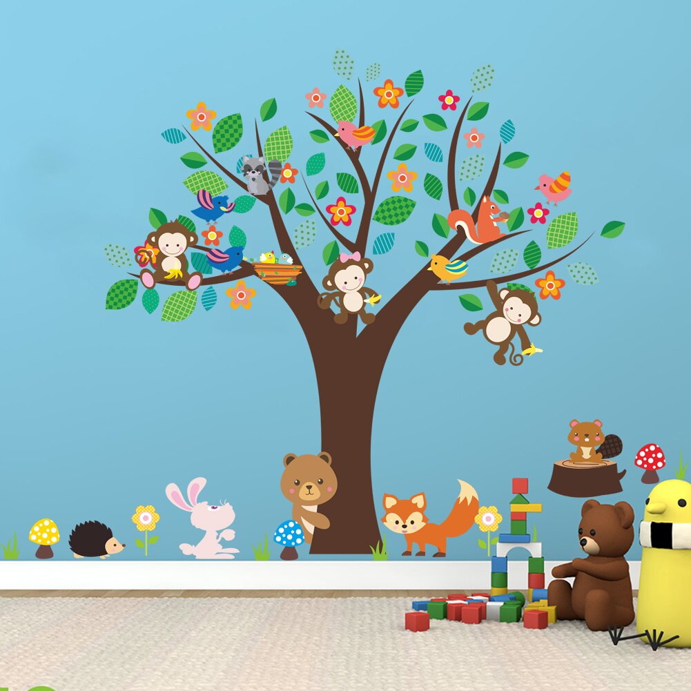 Bos dieren aap play onder bloem boom muursticker voor kids baby nursery kinderkamer decoraties decor thuis decal