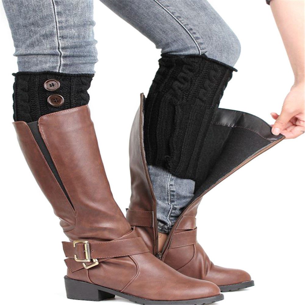 5 kleuren dames gebreide beenwarmers korte laars manchetten knopen gehaakte laars sokken gebreide beenwarmers beenwarmers voor herfst/winter: Zwart