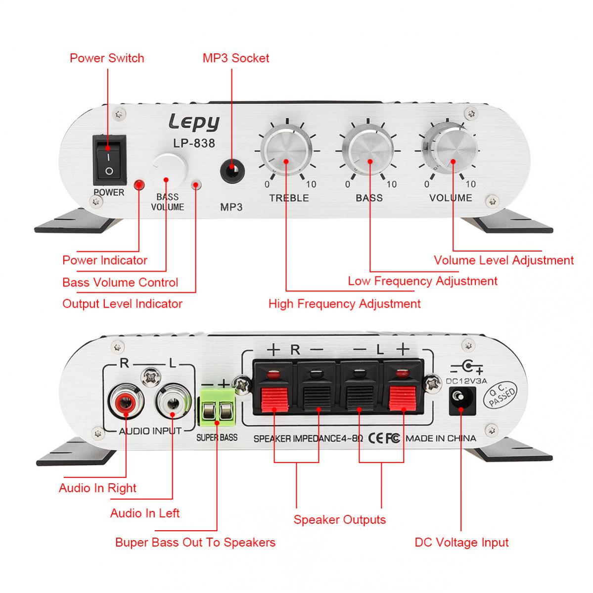 838BT Remote Control Bluetooth HI-FI 2.1CH Car Audio Subwoofer Amplifier FM Radio Player Support SD / USB /DVD/MP3 for Car Home