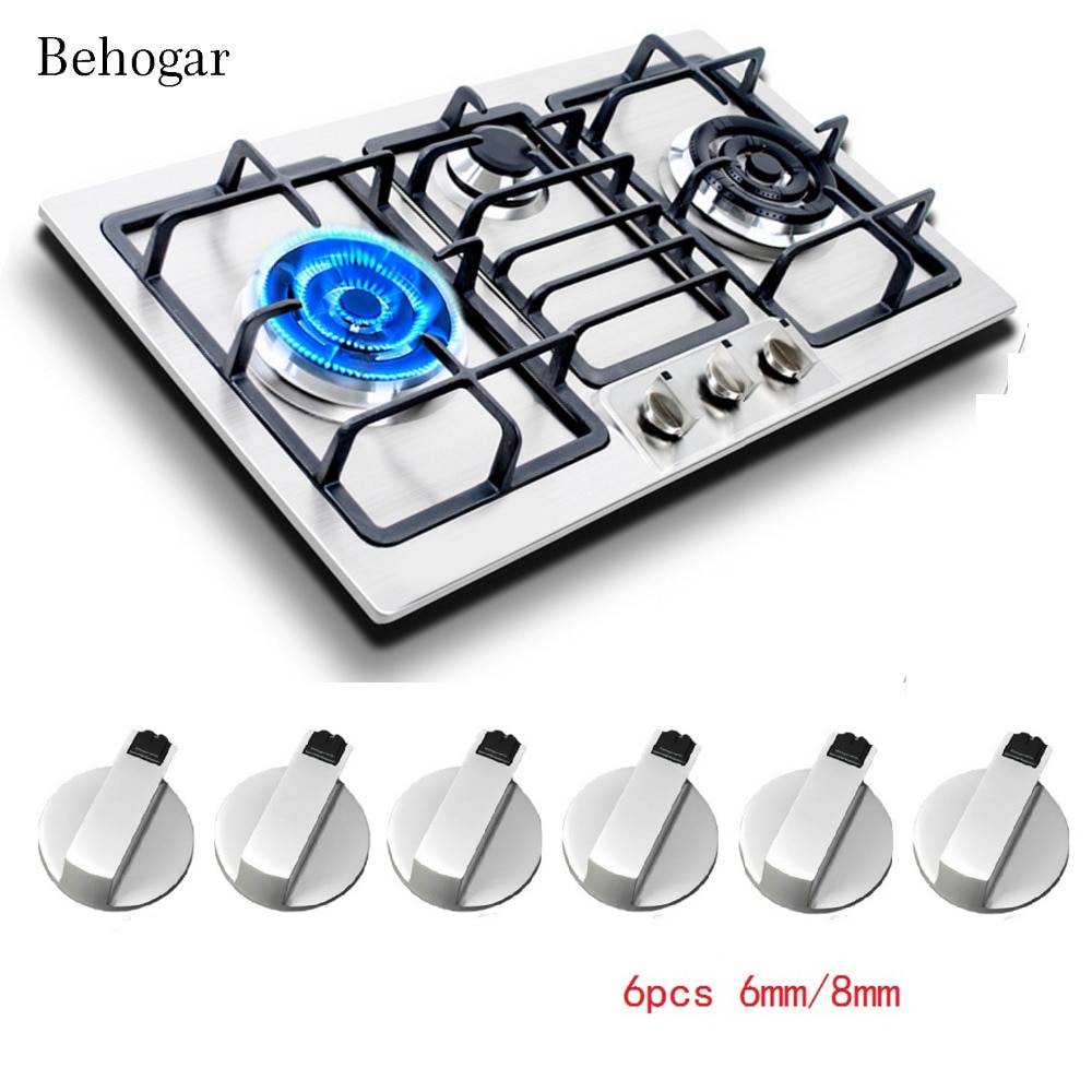 Behogar-perillas de cocina de Gas de Metal plateado, 6mm/8mm, adaptadores, interruptor de horno, cerraduras de Control de superficie de cocina, piezas de utensilios de cocina, 6 uds.