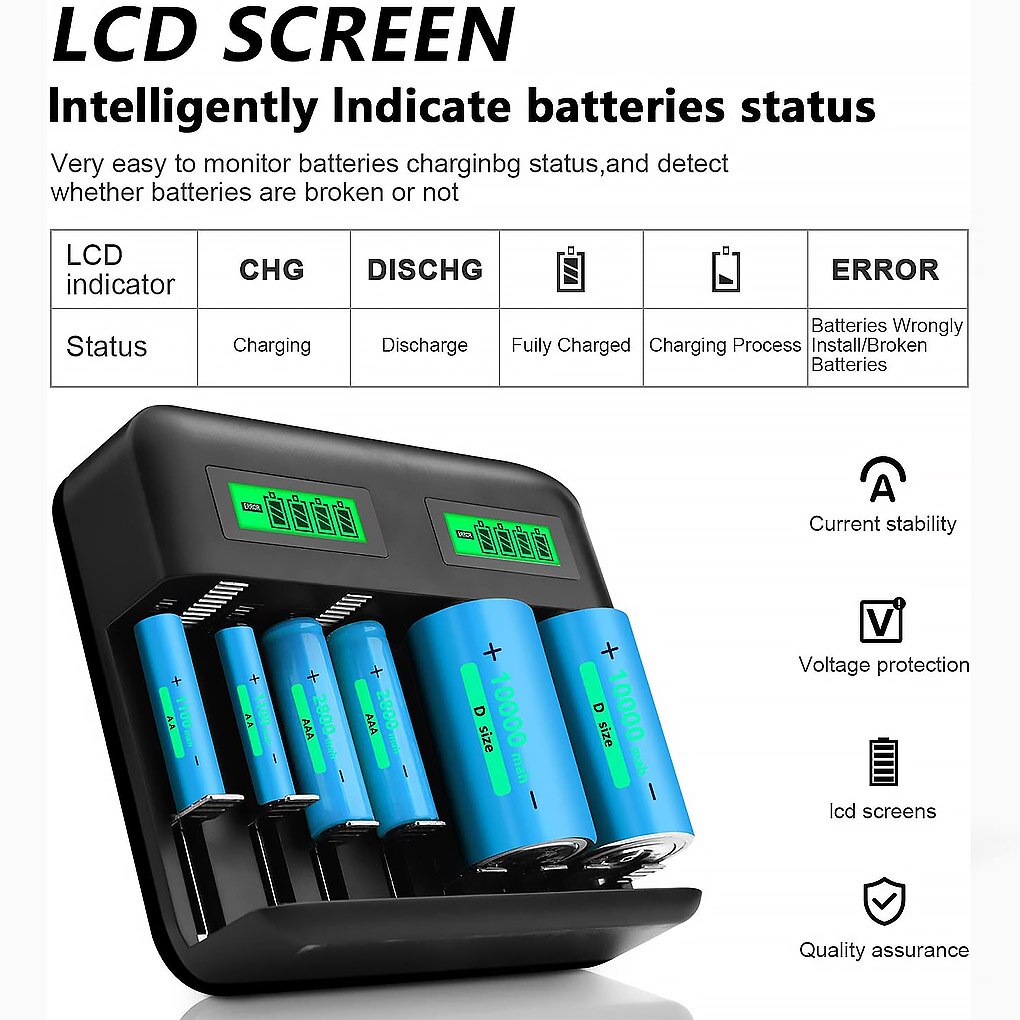 8-Slot Battery Charger Usb Powered Aa/Aaa/C/D Oplaadbare Batterij Lader Met Lcd Display