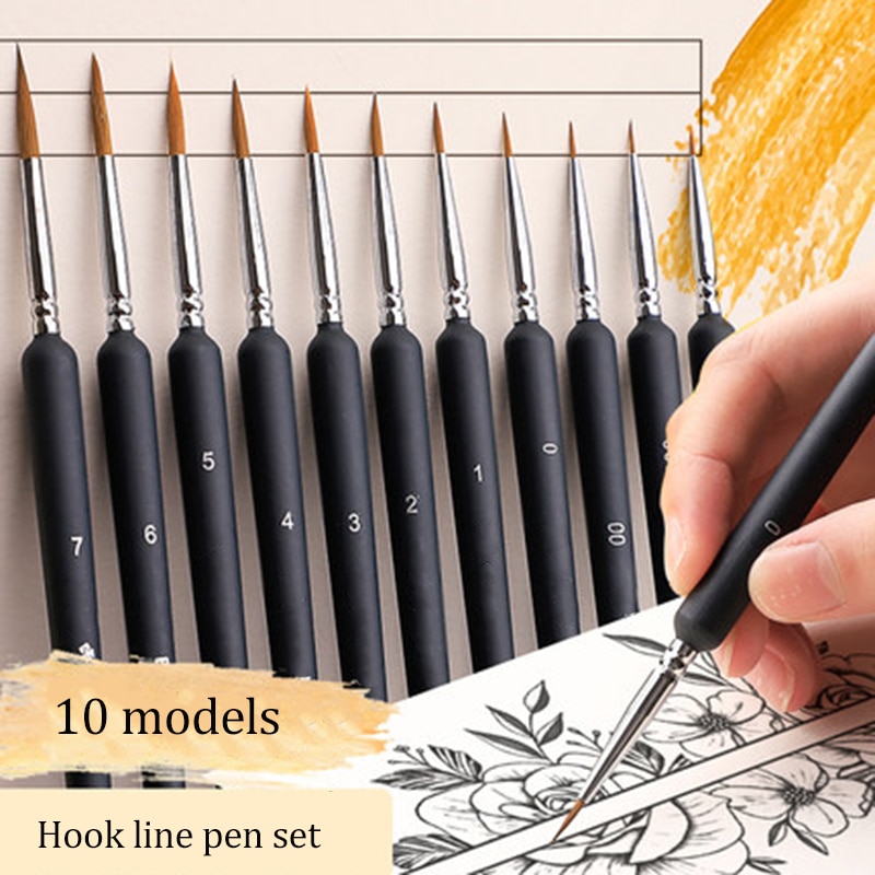 10pcs Hook Line Paint Brush Set Different Models Black Watercolor Soft Hair Oil Painting Extra Fine Hand Painted Brush Stroke