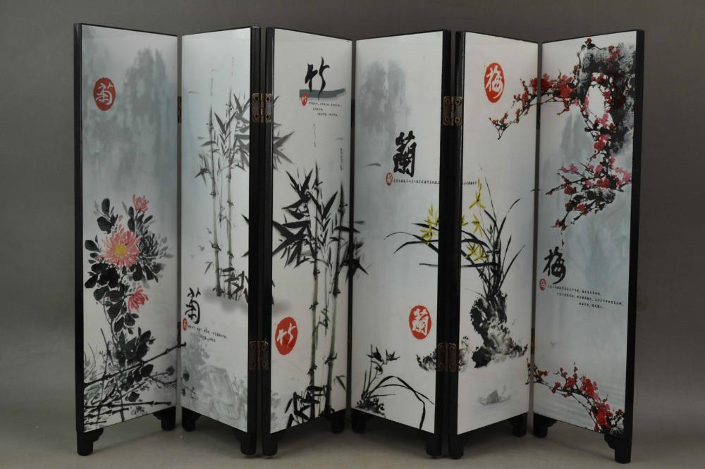 Chinese wooden screen, lacquer painting plum blossom bamboo flower painting