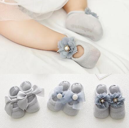 Baby Cotton Spring Newborn Baby Girl Kids Sock Flower Bowknot Lace Anti Slip Summer Sock Ribbon Children Slipper: Gray 3pair / 1 to 3year