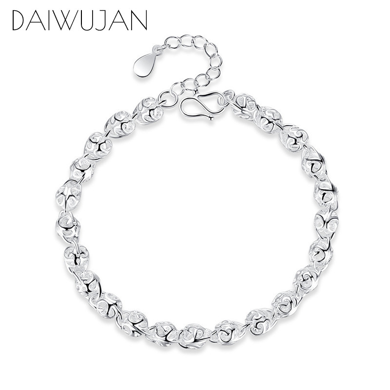 DAIWUJAN 925 Silver Flower Beads Charm Bracelets For Women Hollow Ball Silver Bracelet Adjustable Wedding Party Jewelry