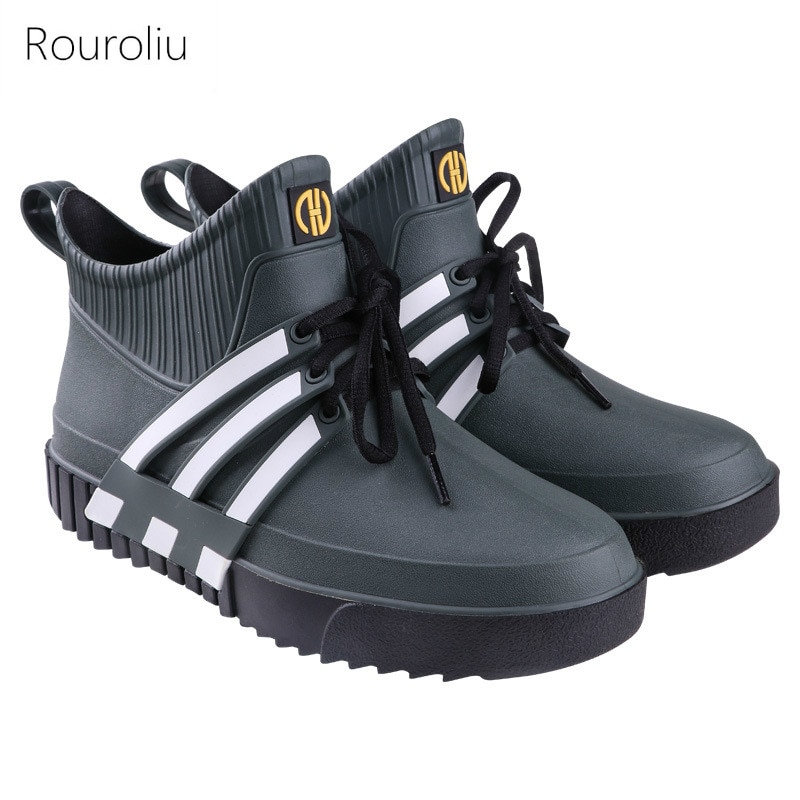 Rouroliu Mannen Lente Herfst Enkel Regen Laarzen Anti-Slip Mannelijke Waterdichte Water Schoenen Dikke Tuin Schoenen