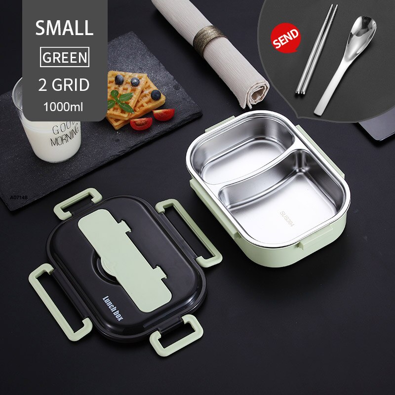 304 Roestvrij Staal Lunchbox Japanse Bento Doos Met Compartimenten Voor Kinderen Magnetron Voedsel Container Met Servies Set: 1000ml 2 Grid Green