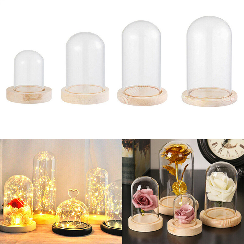 Klart glass display cloche bjelle ornamenter blomsterkrukke glassflaske med trebunn støvdeksel utstillingsboks udødelig blomsterkasse