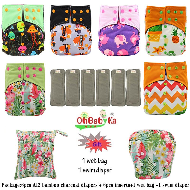 Ohbabyka AI2 wiederverwendbar Tuch Windeln für Mädchen, einstellbare Waschbar Windel 6 stücke + 6 stücke Bambus Holzkohle Einsätze + nass Tasche + Schwimmen Windel: 84