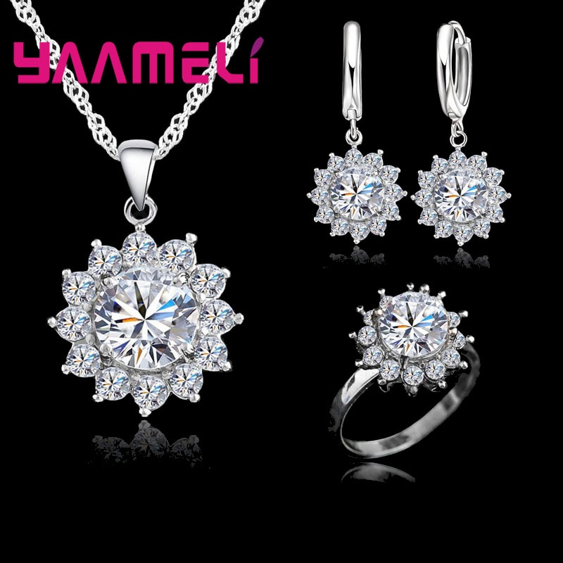 925 Sterling Zilveren Zon Bloemen Zirconia Ketting Oorbellen + Ringen Crystal Sieraden Voor Vrouwen Wedding
