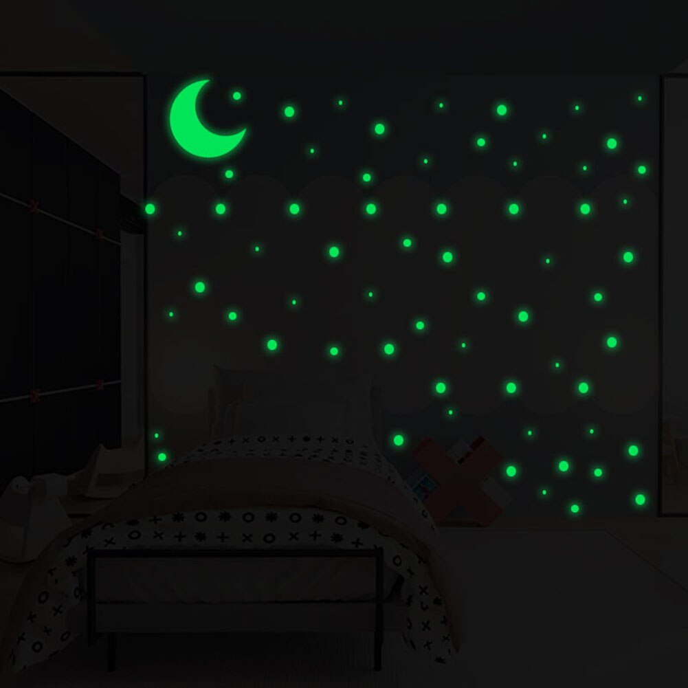 104/252/407 stk lysende prik rund skive måne wallsticker glød i mørke rum mærkat kan absorbere lys og glød i mørket.