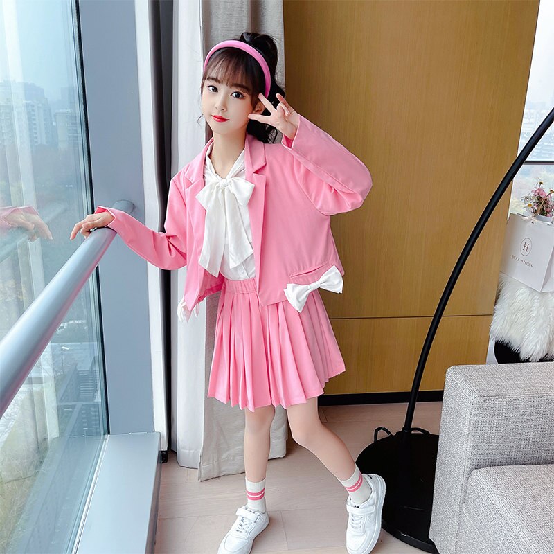 Girls Formal Suit Blazer Jacket+Skirt 2pcs Kids Wedding Party Pink Clothing Sets Teen Girl School Performance Suit 4-13Years Old