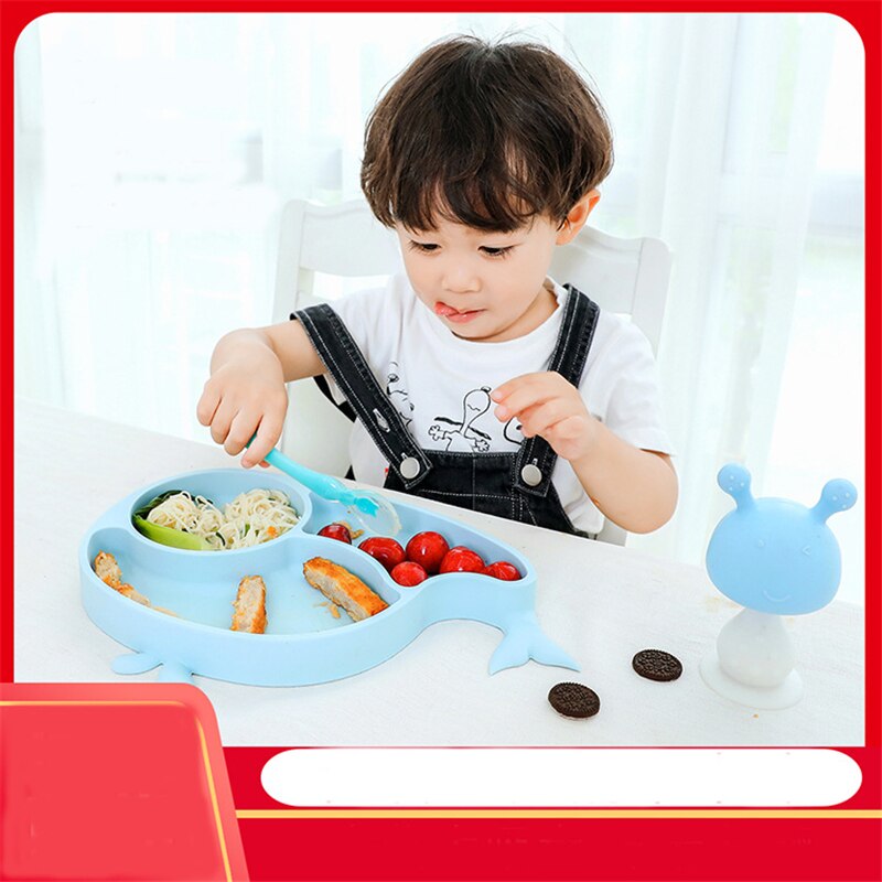 Plato de alimentación de silicona de grado alimenticio para bebé, bandeja antideslizante con ventosa, tazón de rejilla, vajilla para niños, tenedor, cuchara
