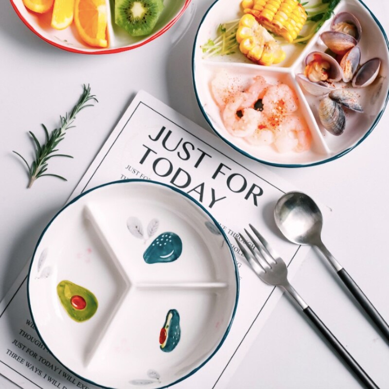 Breakfast Ceramic Children's Tableware Dinner Fruit Cartoon Rice Bowl Pot Fruit Desert Kids Dinner Separated Baby Plate