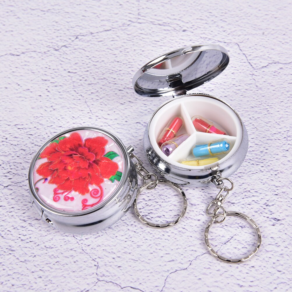1PCS Portable Metal Round Flower Print Organizer Cute Compartment Pill Case Storage Tablet Container Medicine Box: White