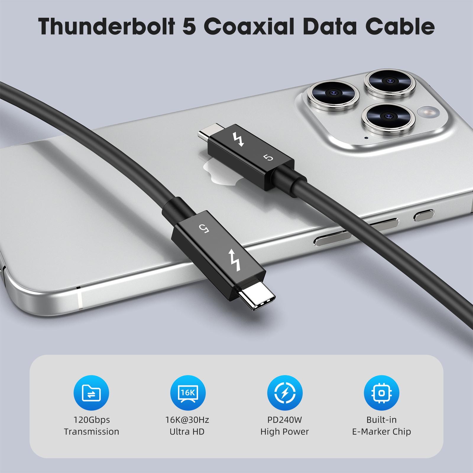Thunderbolt 5 Cable de datos de función completa 0,5 M 1M 2M PD 240w 16K 30Hz Salida de vídeo 120Gbps USB C a USB C Cable USB5 de carga rápida