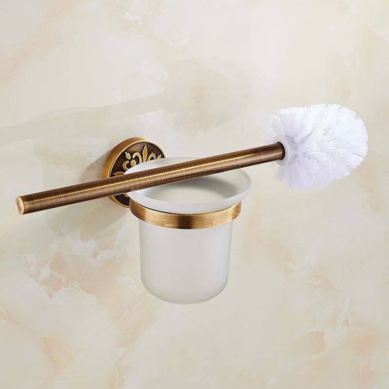 Conjunto de accesorios de baño antiguo de bronce tallado, accesorios de baño, estante de almacenamiento, toallero, porta pañuelos, cepillo de baño: toilet brush holder