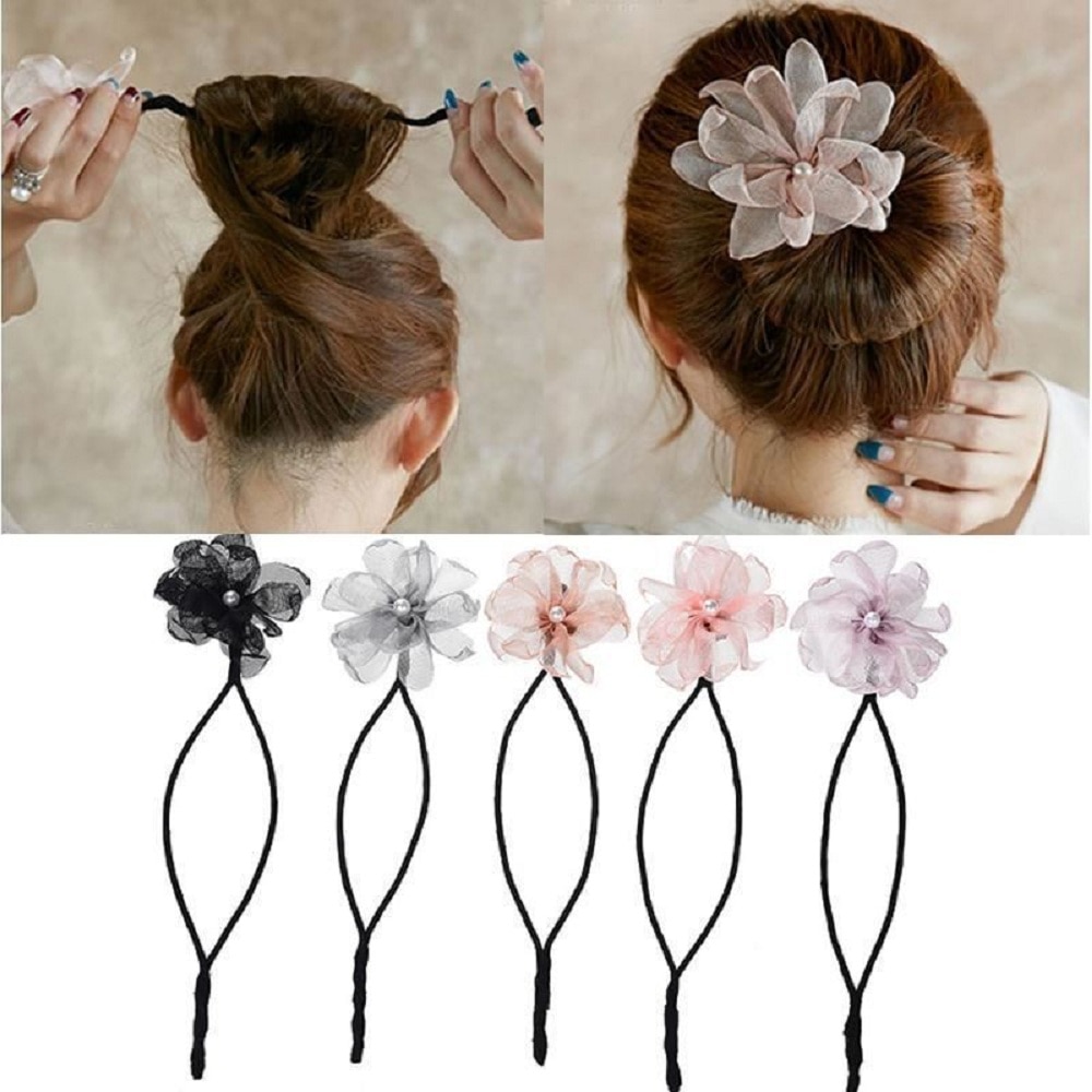 Flower Hair Accessories Magic Bun Maker Girl Donut Quick Messy Women Pearl Hair Bands French DIY Hairstyle Headband Braider