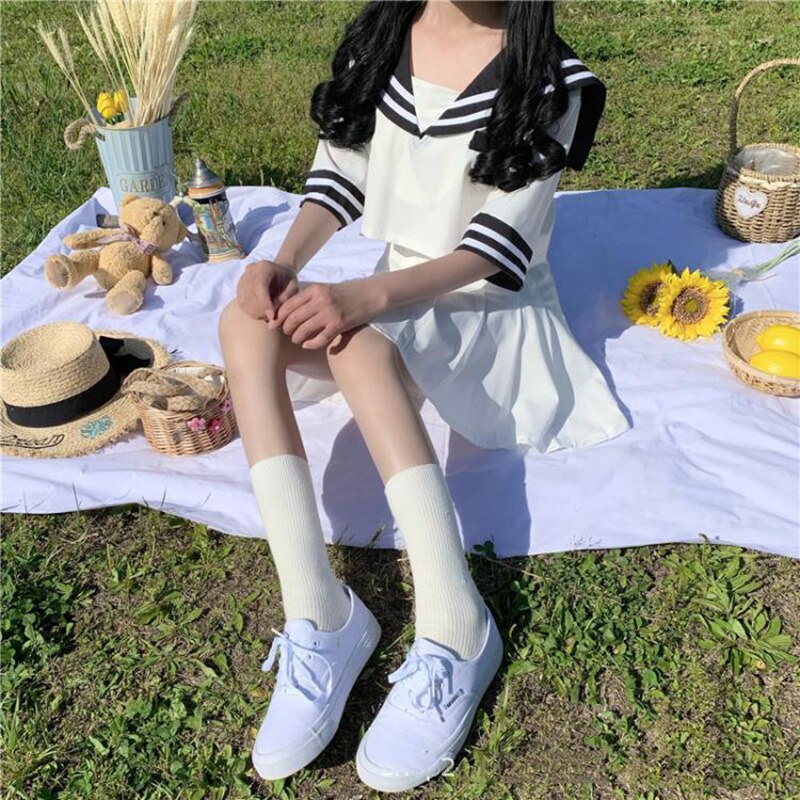 Japanese Korean Version Black White JK Suit Woman School Uniform Crop Sailor Top Cosplay Costumes Student Girls Pleated Skirt