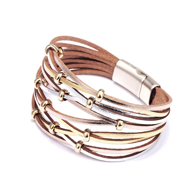 Feminino mão acessórios 10 multi camada vento pulseira de couro ampla envoltório pulseira femme ímã fivela jóias presente 2020