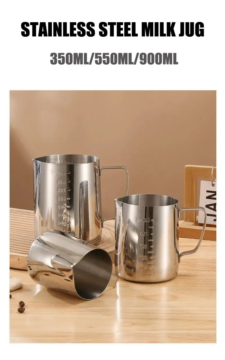 Mjölkskumningskanna i rostfritt stål, silverfärgad skummare, kaffe, lattebehållare, metallkanna, baristakopp