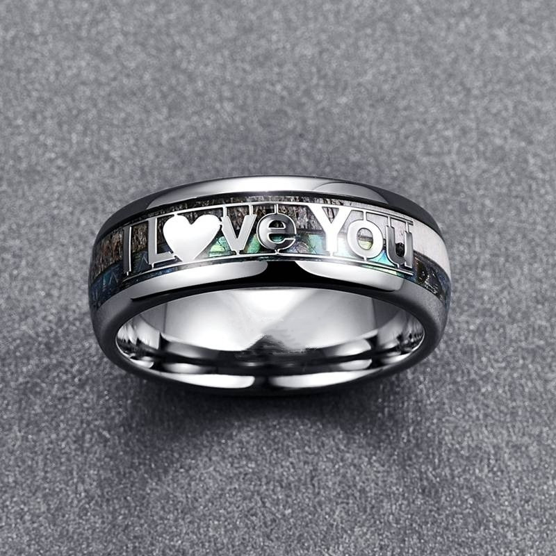 FDLK 8mm Wide Antler and Shell Stainless Steel Ring with Lettering I Love You Full Size 7/8/9/10/11/12/13/14