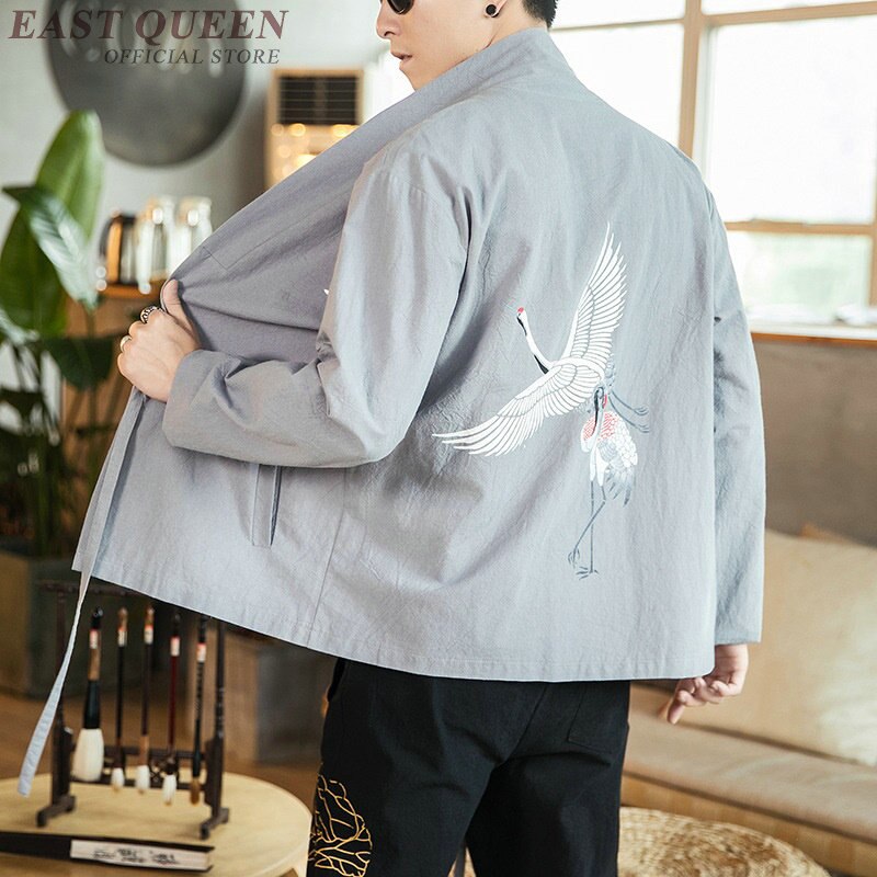 Kimono japonés Cárdigan para hombre Yukata, camisa de estilo chino, traje Samurai bordado con Grulla, ropa asiática Haori KK2946