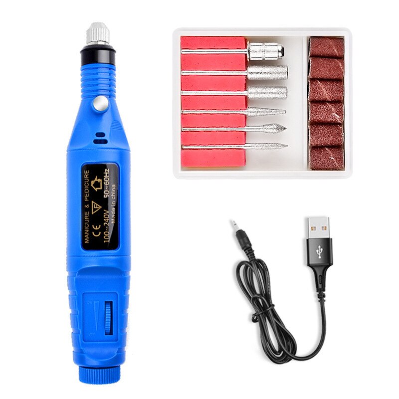Minitaladro eléctrico de acero inoxidable, herramienta de manicura y pedicura, cortador de uñas con brocas, pulidor de uñas portátil por USB: blue
