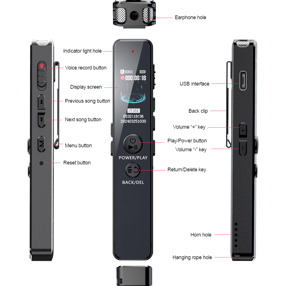 Vandlion V76 Mini Recorder Pen Terug Clip Ruisonderdrukking Draagbare Dictafoon Externe Luidspreker WAV 1536 kbps HiFi Audio-opname