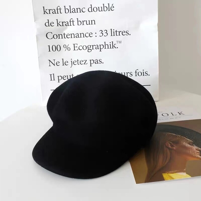 Tomkhu 100%  ullfilt vinter hestelue fast varmere kvinner beanies lokk klassisk fransk stil beret femme beanies damer lokk: Svart