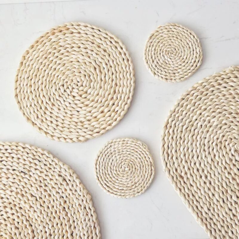 Tapis de Table rond en rotin tissé en paille de maïs naturel, napperons thermo-isolant, porte-Pot, sous-verres, accessoires de cuisine