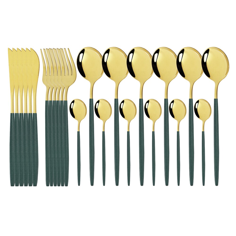 Pink Gold Cutlery Set Stainless Steel Dinnerware Set 24Pcs Knives Forks Coffee Spoons Flatware Set Kitchen Dinner Tableware Set: Green Gold