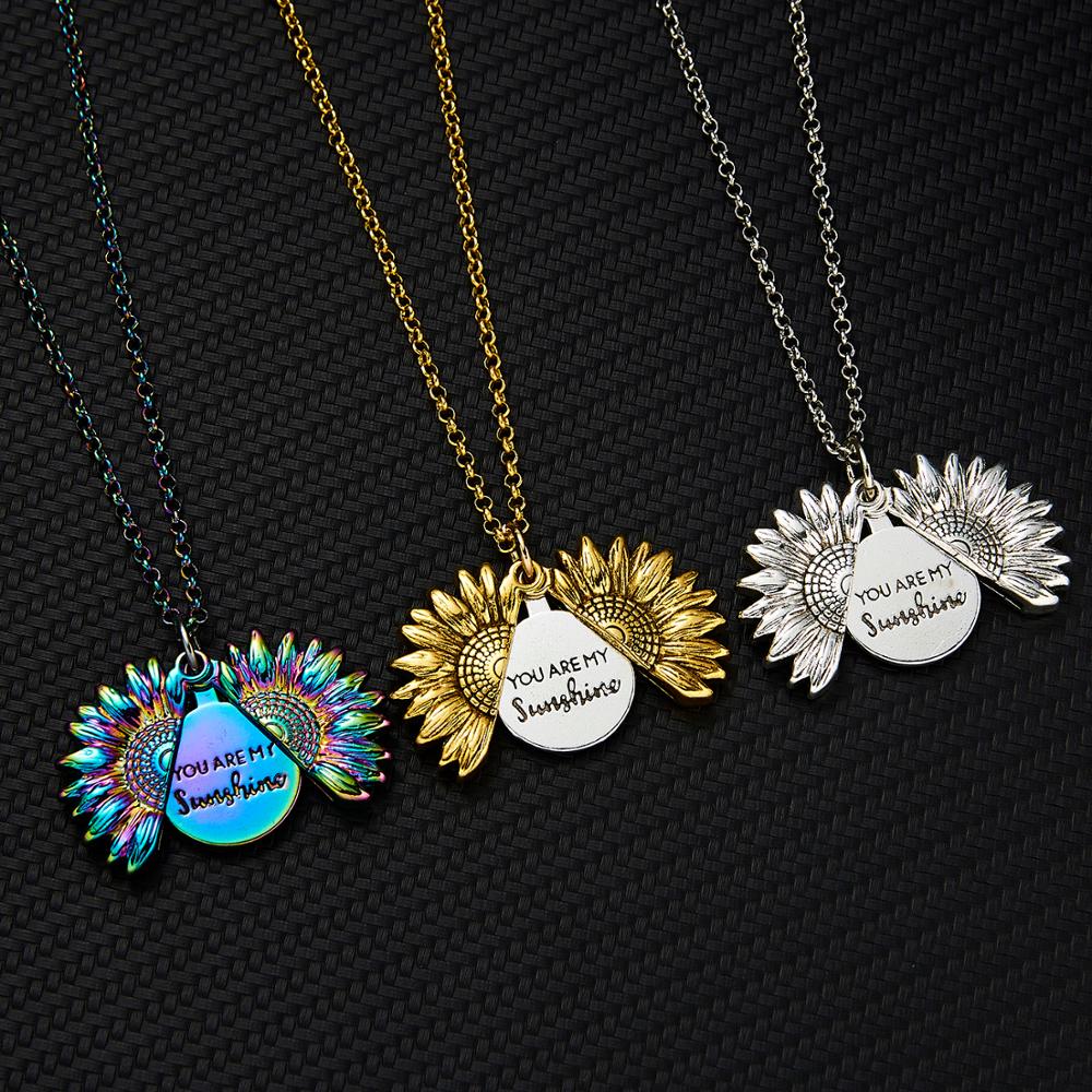 You Are My Sunshine Necklace Alloy Open Locket Sunflower Necklaces Gold Colorful Pendant Collar Women