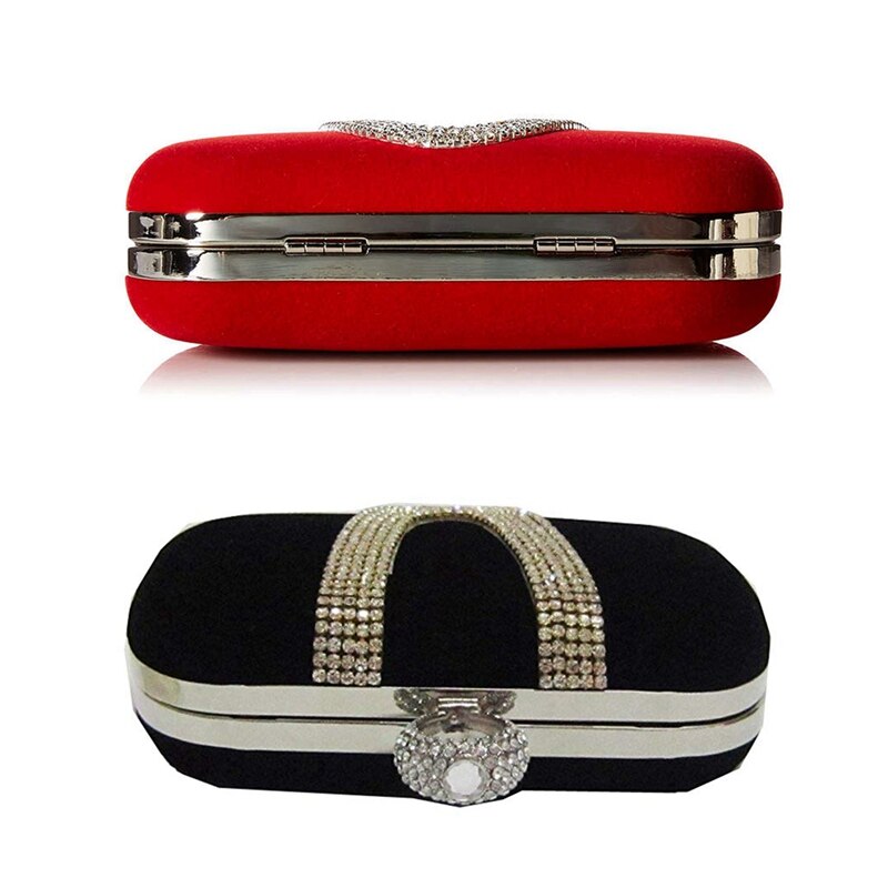 2x suède fluwelen avondclutch met strass-steentjes en één ring (rood en zwart)
