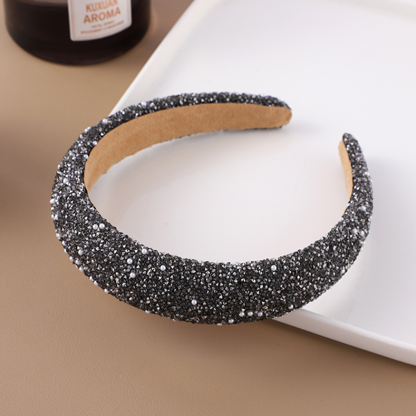 Diadema con cuentas glamurosas, diadema barroca con perlas de cristal ostentosas, diadema cruzada ancha, accesorios para el cabello brillantes y magníficos para mujer,: Negro