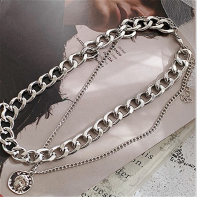 Retro Portrait Exaggerated Thick Chain Necklace Double Layer Cool Chain Hip Hop Necklace Short Clavicle Chain: silvery