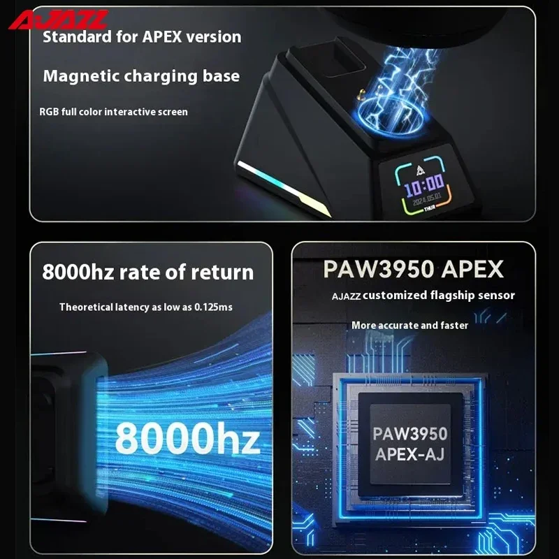 AJAZZ AJ179 PAW3395 Gamingmuis Lichtgewicht bedrade draadloze muis met magnetische oplaadbasis Ergonomische macro voor pc-laptop