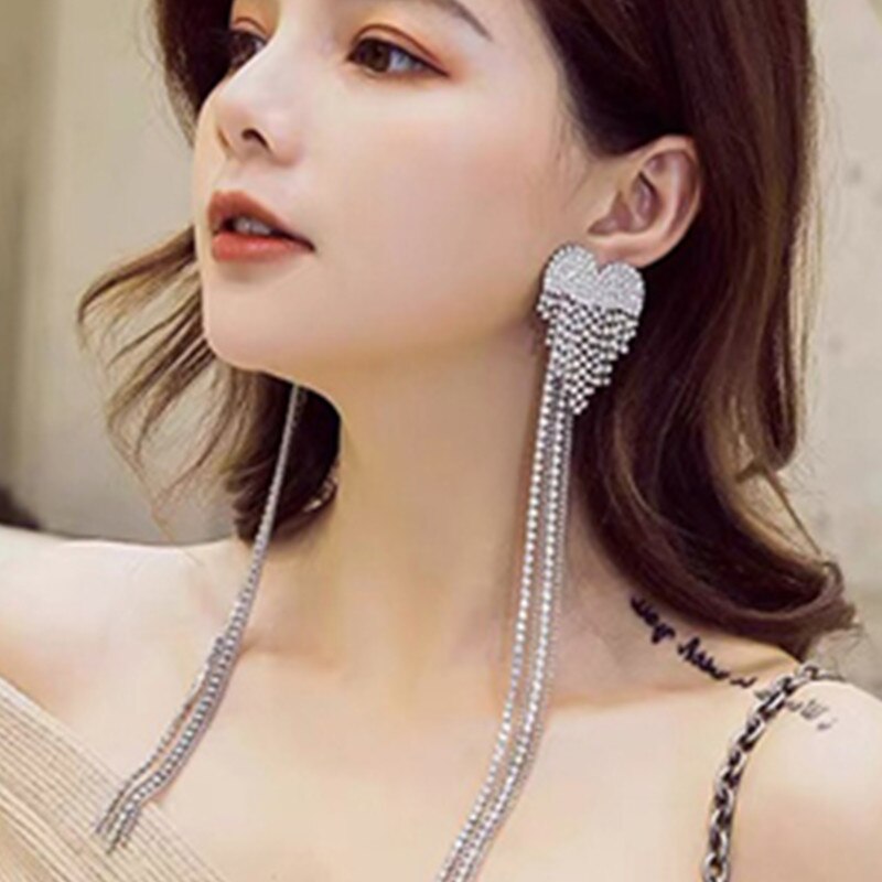 Volledige Strass Pony Shining Vrouw Oorbellen Lange Hart Luxe Crystal Hyperbole Koreaanse Earring Hanger