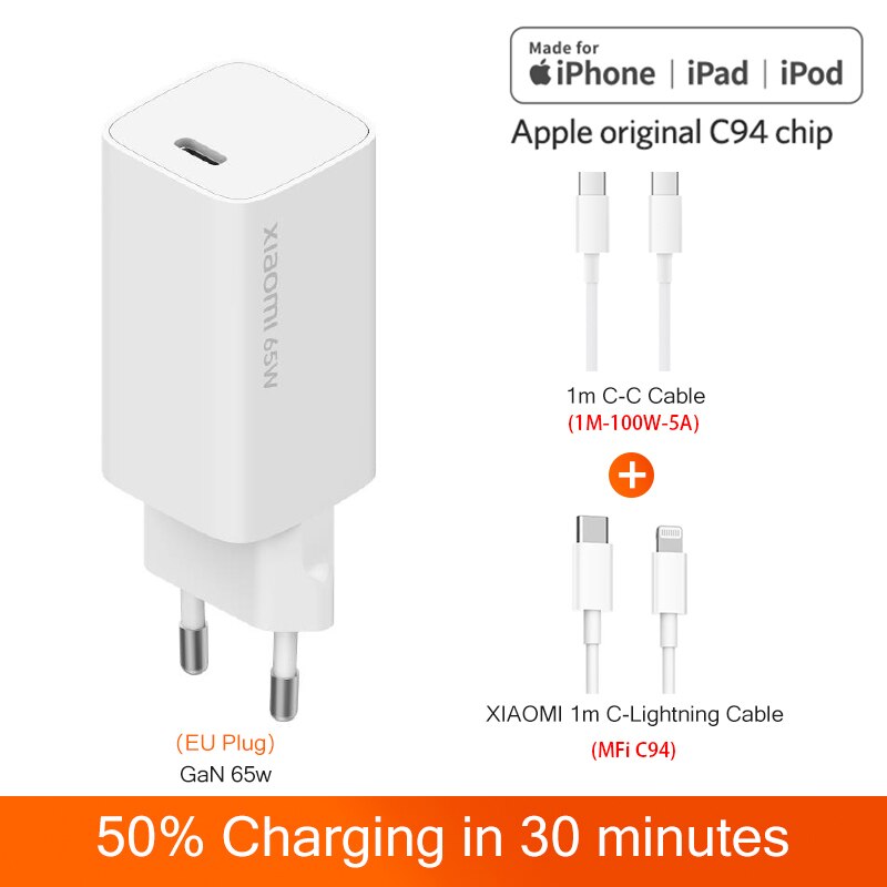 Xiaomi GaN 65W Travel Charger USB Type-C PD Quick Charge 5V/9V/12V/15V=3A 10V=5A 20V=3.25A for iPhone Xiaomi: EU add 2 Cables