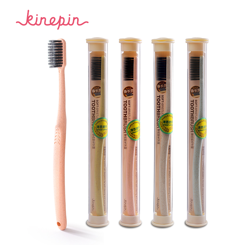 Kinepin 2 stk blød tandbørste for voksne, bærbar tandrensning af hvedehalm med trækulsbørste med rejsetaske