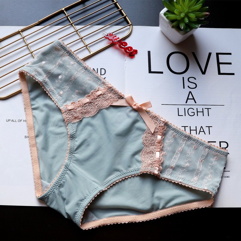 Bragas de encaje bordado Retro japonés para mujer, ropa interior bonita de talla grande, cintura baja, caderas, seda de hielo, transpirable: Azul / L
