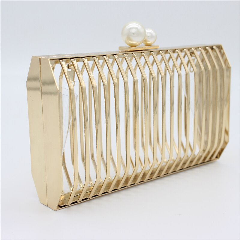 Women's Unique Metal Hollow Evening Clutch Bag Pearl Clasp Ladies Chain Shoulder Bag Crossbody Messenger Party Bag