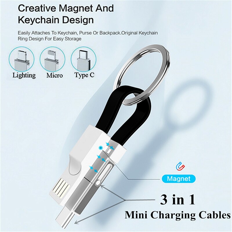 Cabo de Chave de Carga USB Cadeia 3 em 1 Tipo C Iluminação Micro USB Charger Cable Para Samsung S9 Android 2A Mini Keychain Cabo De Carregamento