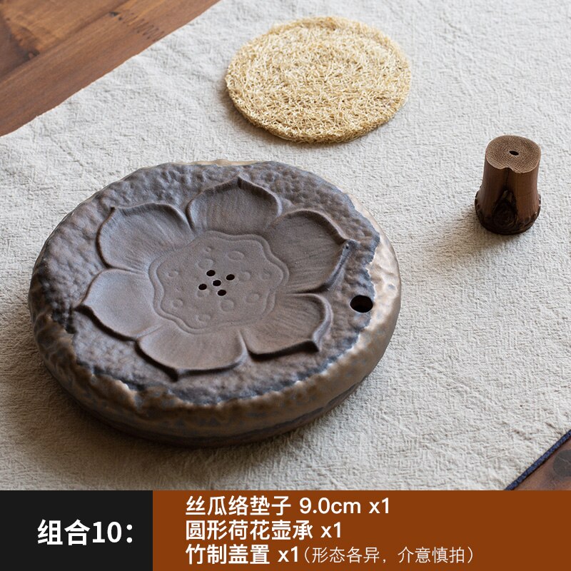 Japanse Absorberende Loofah Spons Pot Coaster Paars Zand Pot Kung Fu Theeceremonie Thee Set Accessoires Rotan Pot Dienblad Thee mat: set 10