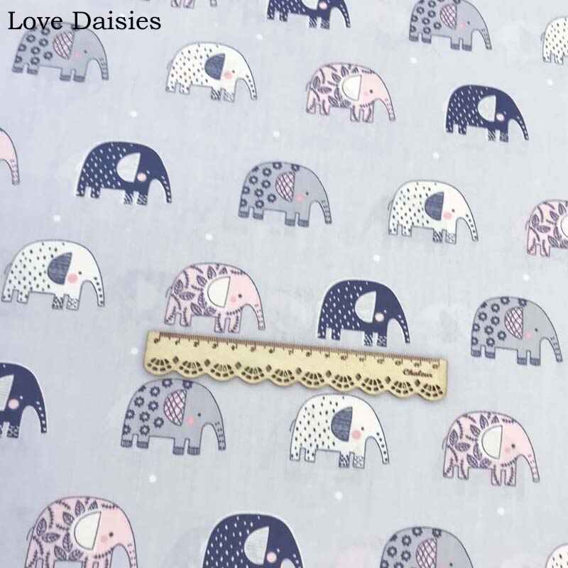Tela de sarga de algodón para tejido de elefante pequeño de dibujos animados, gris y rosa, para ropa de cama de cuna, cojín, Sábana, decoración de trabajo manual