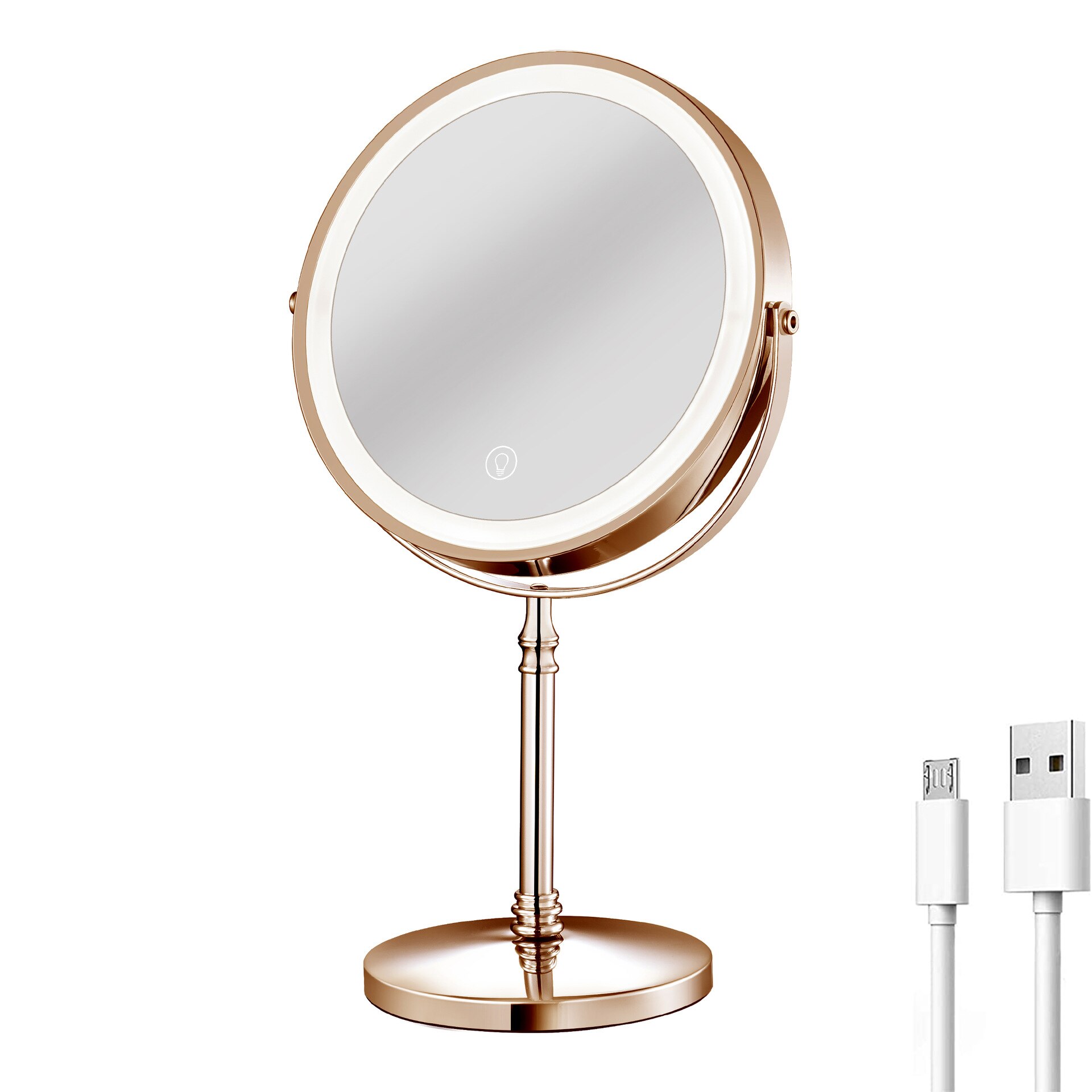 8" Lighted Makeup Mirror with Lights Double Sided Dimmable 10x Magnifying Mirror Rechargeable and Brightness Adjustable: Gold