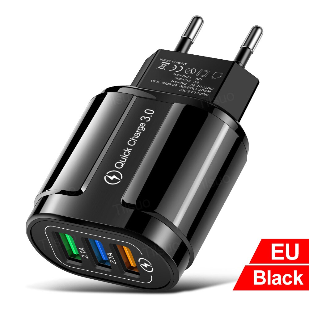 Tisluo USB Charger Quick Charge 3.0 Universal Wall Mobile Phone Charger for iPhone Samsung Xiaomi 3 Port Fast Charging Adapter: EU Black