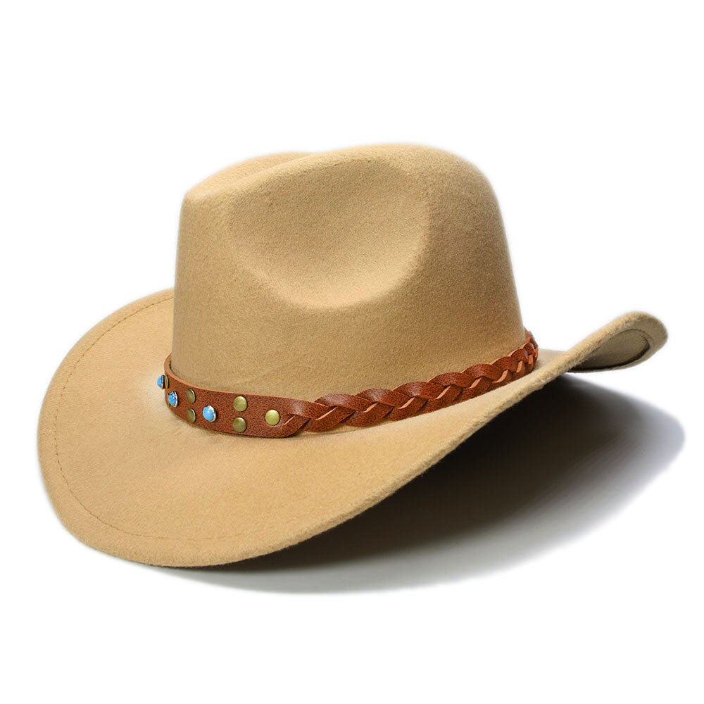 LUCKYLIANJI Womem Men Female Male's Wool Felt Western Cowboy Hat Wide Brim Cowgirl Braid Leather Band (One Size:57cm): Beige