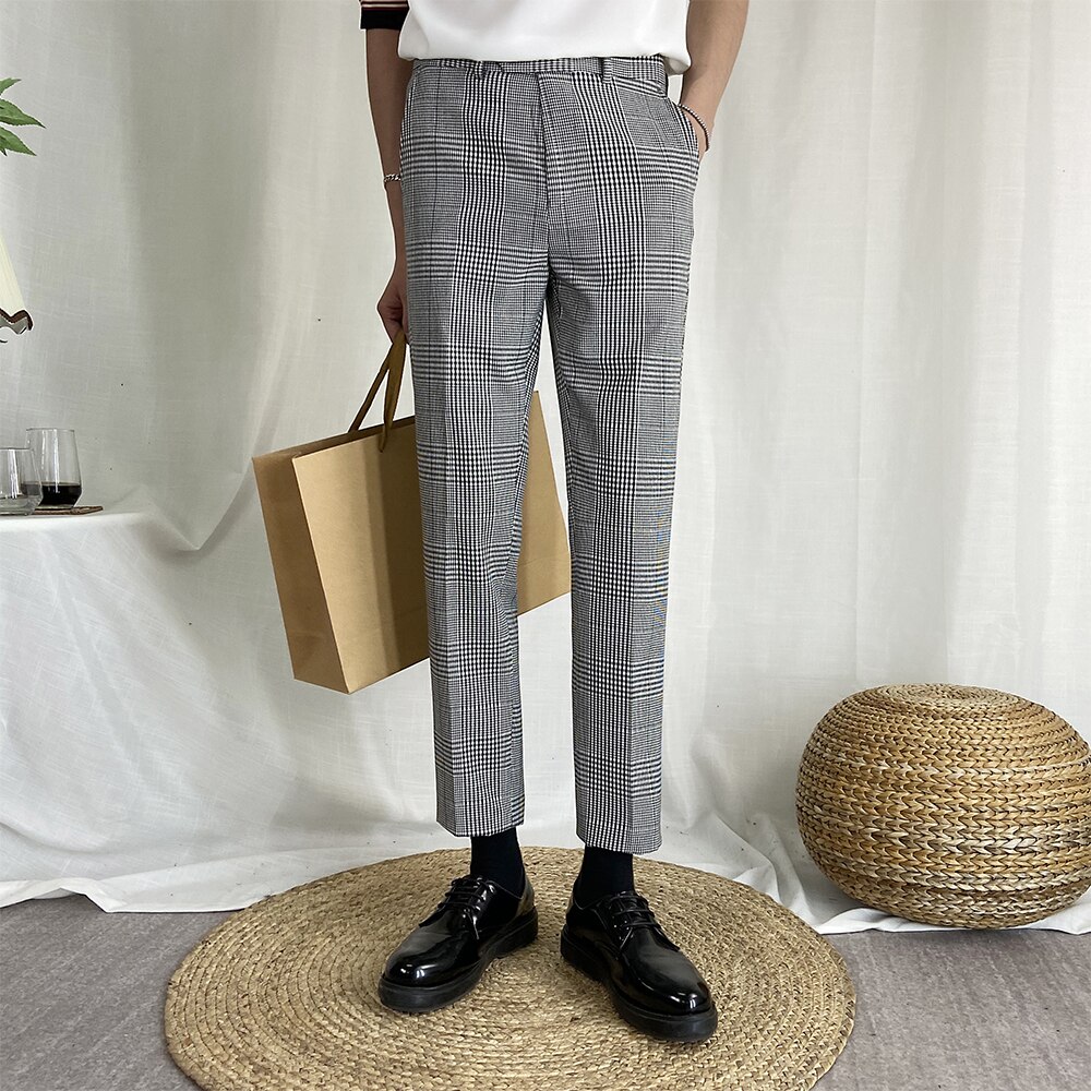 Koreanske menn rutete dressbukser formell forretningskjolebukser uformelle slanke bryllupsbukser kontor sosial streetwear klær
